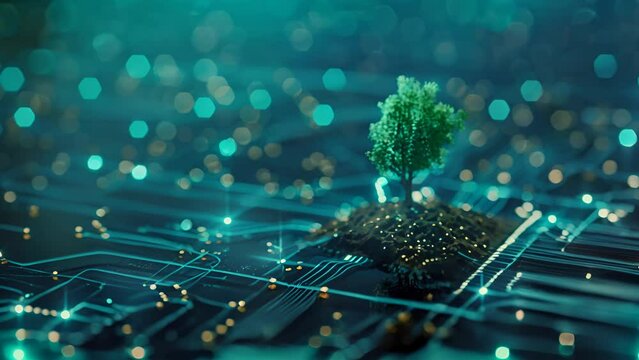 Lone tree sapling on a circuit board, symbolizing eco-tech growth