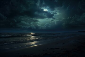 Warm Tropic night beach sea. Summer dark. Generate Ai