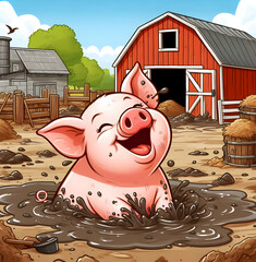 Happy pig takes mud bath