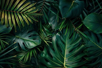 Fototapeta na wymiar closeup nature view of green leaf and palms background. Flat lay, dark nature concept, tropical leaf - generative ai