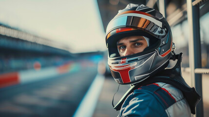 a beautiful man dressed for speed in a racing suit and helmet, on a racing track.