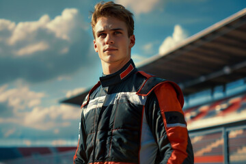 Young handsome man in a racing suit, with a stadium as the background.