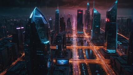 Urban Luminescence: Modern City Skyline Illuminated after Dark