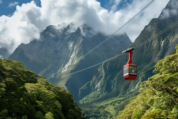 The cable car glides smoothly over breathtaking scenery  - obrazy, fototapety, plakaty