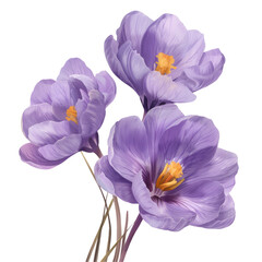 Three purple tommie crocus flowers with yellow center on transparent background