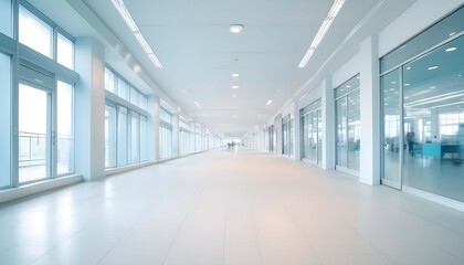 beautiful light blue blurred background panoramic image of a spacious office or mall hallway, Modern hospital corridor and people with long exposure effect, blurred, AI