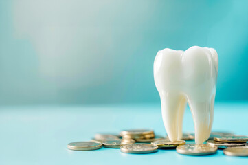 A tooth is on top of a pile of coins. The coins are of different sizes and colors. Concept of wealth and the importance of dental hygiene. Tooth with coins on blue background. Expensive treatment.
