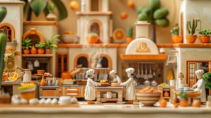 Foto op Plexiglas A clay style scene of a bustling kitchen with chefs and cooking stations © Thanapipat