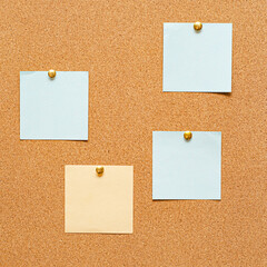 Blank paper notes are pinned to a cork board. The concept of detective investigation or training. Copy space.