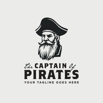 Vintage Retro The Captain Pirates.Old Man With Beard Shipmaster Illustration Logo Design