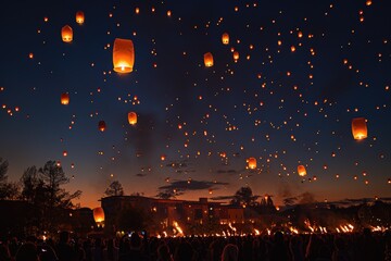 people lighting flying lanterns in sky. ai generated