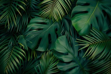 closeup nature view of green leaf and palms background. Flat lay, dark nature concept, tropical leaf - generative ai - obrazy, fototapety, plakaty