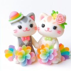 Obraz na płótnie Canvas a cute couple cat with flowers made of pastel color rainbow gummy candy on a white background