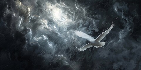 Soaring Skies or Just a Temporary High? The White Bird in the Dark Sky Generative AI - obrazy, fototapety, plakaty