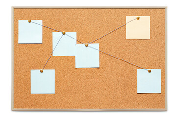 Blank paper notes are pinned to a cork board. The concept of detective investigation. Isolated on white