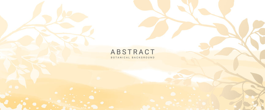 Abstract yellow watercolor background with hand drawn silhouettes of branches and leaves. Pastel elegant vector illustration for wall decor, card, wedding invitation, packaging, print, cover, banner, 