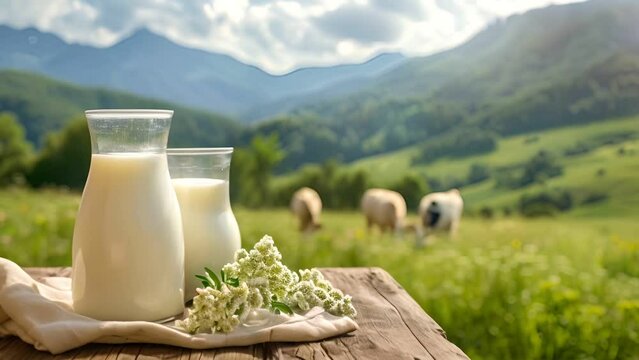 Fresh milk foreground, pastoral cows and green grass landscape