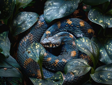 A highly detailed image capturing the textured scales of a camouflaged snake nestled among mottled green leaves.