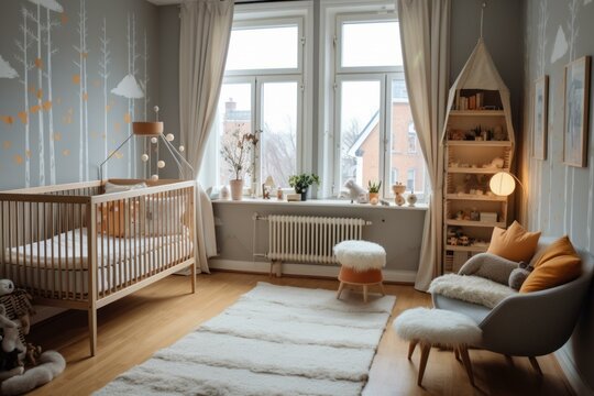 Neutral Nursery room interior scandinavia. Modern indoor. Generate Ai