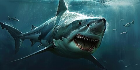 Desktop wallpaper featuring a dangerous shark, Generative AI  - obrazy, fototapety, plakaty