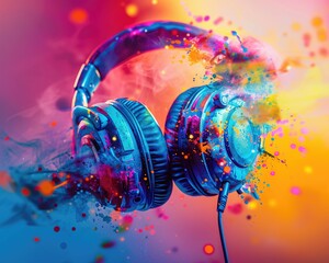 Vibrant color explosion behind closeup headphones, summer music festival feel, energetic scene