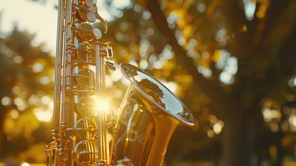 Saxophone gleam, summer festival, golden hour light, close shot, soft backdrop, empty side