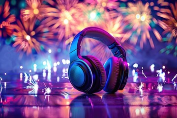 Music festival headphones, closeup, behind vibrant color fireworks, summer celebration backdrop