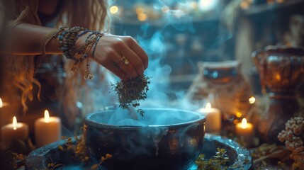  Witch making potion, female hands adds herbal in to boiling cauldron making potion. Walpurgis night 30th April. Witch in scary Halloween laboratory making wizard green potion on dark color background