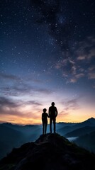 A couple standing on a mountain top at night, looking up at the stars