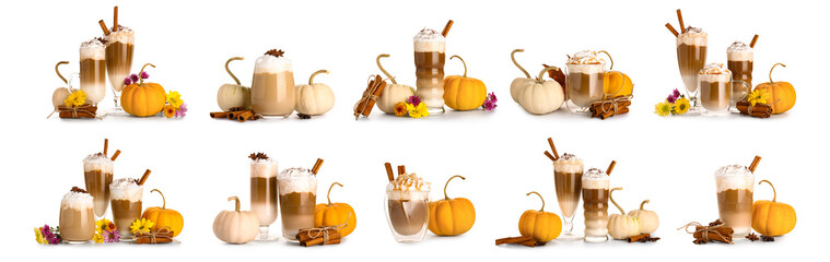 Set of tasty pumpkin latte on white background