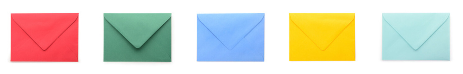 Set of envelopes on white background, top view