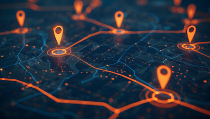 A digital map featuring interconnected location pins, symbolizing global network connectivity and geographic information technology. Concept of global connections and geolocation maps for business.