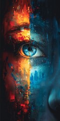 A captivating artwork featuring an eye with a cityscape reflected in its iris, blending urban elements with vibrant abstract strokes.