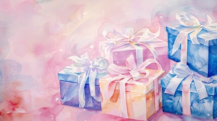 Pink and Blue Watercolor Gift Boxes with Ribbons and Bows Generative AI