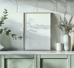 "Blank White Frame in Modern Kitchen Setting"