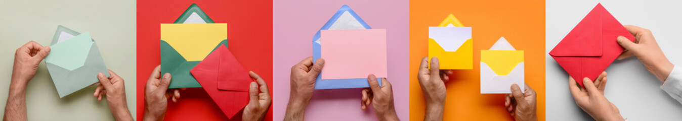 Set of many hands with envelopes on color background, top view