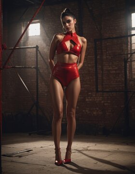 A woman in a red bikini and high heels stands in a dark warehouse