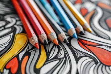 Color pencils of different shades on an abstract coloring book page with intricate patterns - Powered by Adobe
