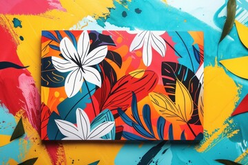 Vibrant and colorful floral pattern on a painted canvas background.