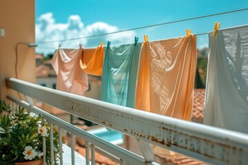 Colorful clothes hanging on a clothesline with a beautiful sky in the background
