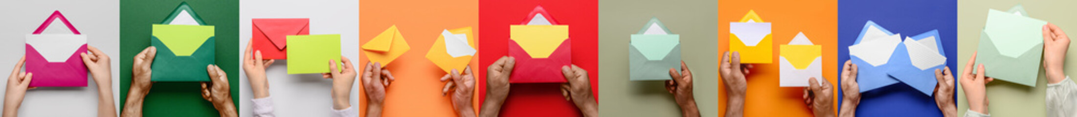 Set of many hands with envelopes on color background, top view