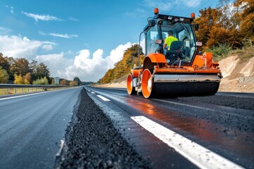 Road Construction Site with Steamroller Compacting Asphalt Pavement and Fresh White Lane Markings