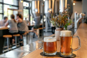 Craft beer glasses on bar counter in modern brewery. Blurred background with people.