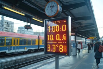 Modern digital clock at a train station with a train in the background