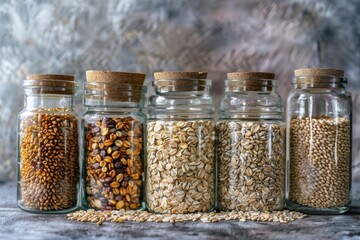 Six glass jars of various grains and seeds on a gray stone table. - obrazy, fototapety, plakaty