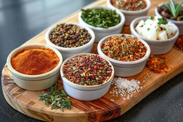 Assorted Aromatic Spices and Fresh Herbs in White Bowls on Cutting Board