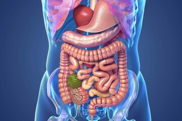 Detailed Illustration of Human Digestive System Anatomy on Blue Background with Labels - obrazy, fototapety, plakaty
