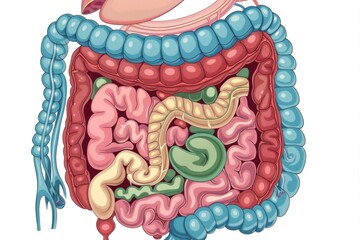 Colorful illustration of the human digestive system on a white background