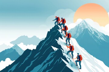Teamwork on the mountain. Group of climbers on the way to the top of the mountain. - obrazy, fototapety, plakaty