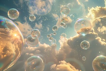 : A magical, abstract cloudscape of floating, inflated orbs, drifting lazily on a warm, effervescent breeze, scattering stardust in their gentle wake. - obrazy, fototapety, plakaty
